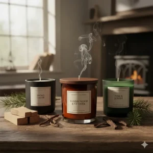 Collection of woody scented candles for men, including popular notes of cedar, sandalwood, and smoky vetiver for a rustic aroma.