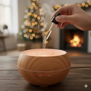 Close-up of a hand adding drops of essential oil into a water-filled diffuser.