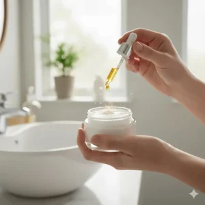 A person adding a drop of pure frankincense oil into their daily face cream for enhanced hydration.