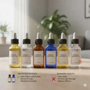 Dark amber glass bottles used by premium essential oil brands on Amazon to prevent light degradation and maintain potency.