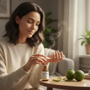 A woman applying diluted bergamot essential oil to her wrists to reduce feelings of anxiety.
