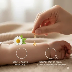 Illustration showing where to perform a safety patch test on a baby’s arm with new organic oils.