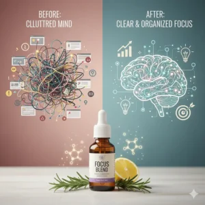 Graphic comparing mental clarity before and after using an essential oil blend for focus and concentration.
