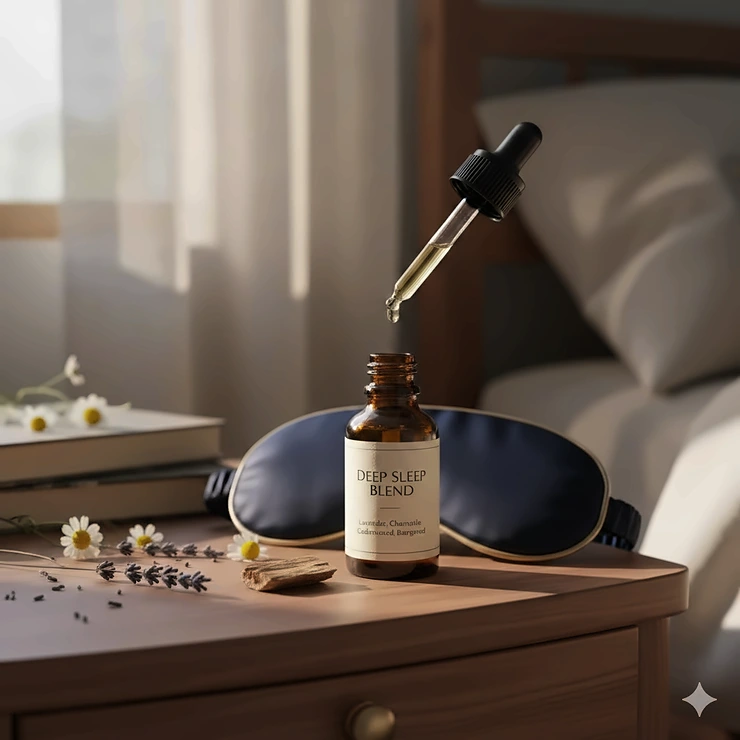 A calming bedside setup featuring the best essential oil blend for deep sleep in a glass dropper bottle next to a silk eye mask.