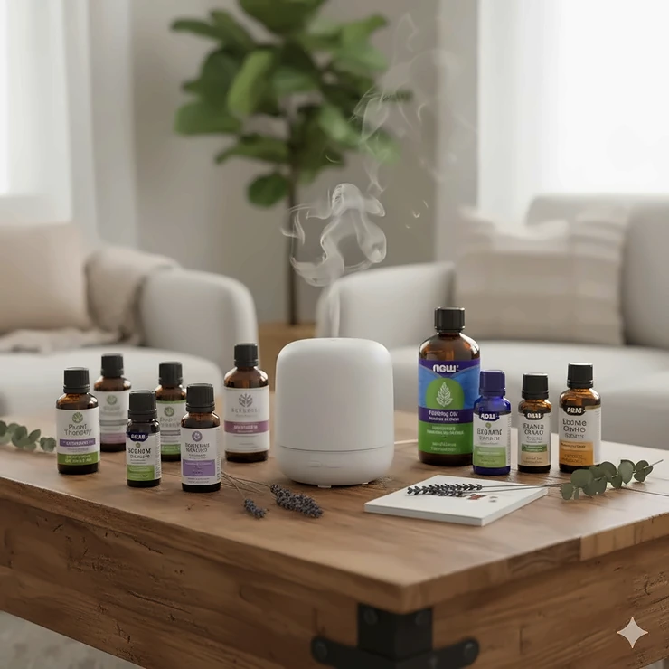 A curated selection of the best essential oil brands on Amazon displayed on a wooden table next to a misting aromatherapy diffuser.