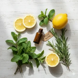 Key ingredients for an essential oil blend for focus and concentration, including peppermint, rosemary, and lemon.