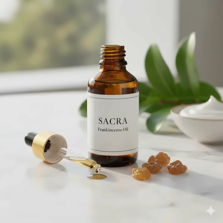A premium bottle of frankincense essential oil placed next to a dropper on a clean marble surface, highlighting the best frankincense oil for skin rejuvenation.