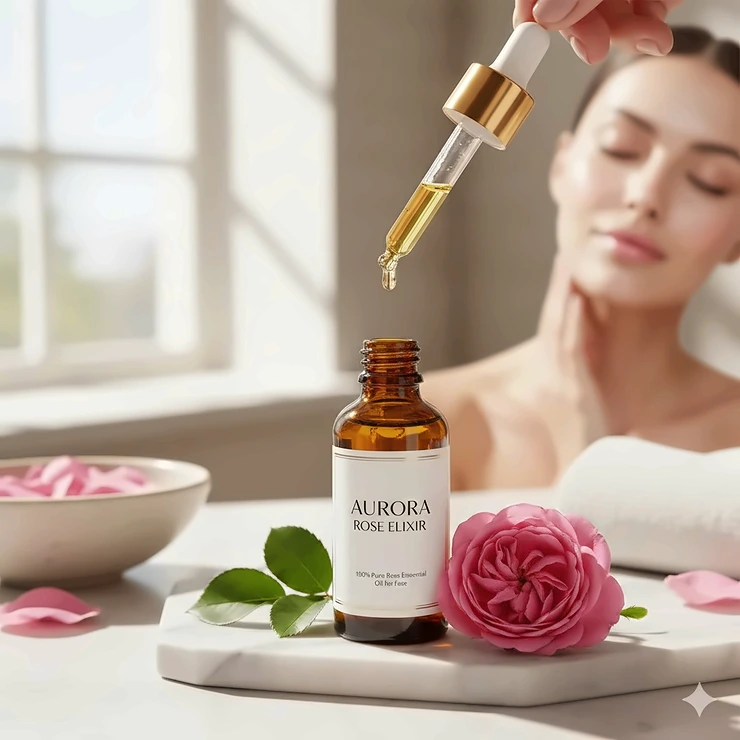 A bottle of premium rose essential oil next to a woman with glowing skin, representing the best rose essential oil for face treatments.