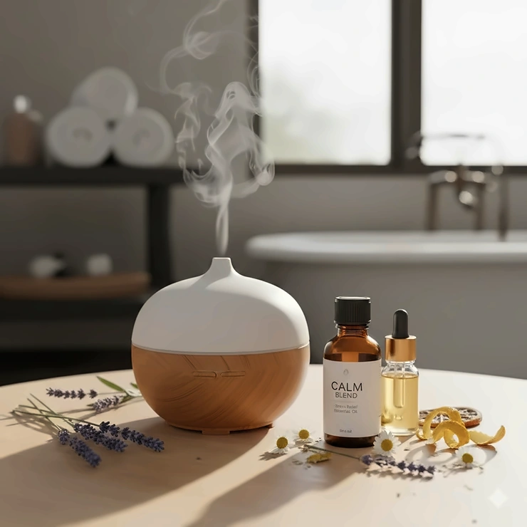 A relaxing scene featuring a wooden diffuser and the best stress relief essential oil blend on a spa table with lavender sprigs.