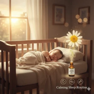 A peaceful illustration of a sleeping infant representing the calming effects of chamomile aromatherapy.