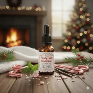 A festive illustration showing a blend of peppermint and vanilla essential oils for a candy cane scent.