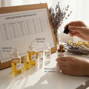 A guide illustrating how to mix the best essential oil blend for deep sleep with carrier oils like jojoba or almond oil.