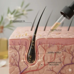 An illustration showing how cedarwood oil nutrients penetrate the hair follicle to promote growth.
