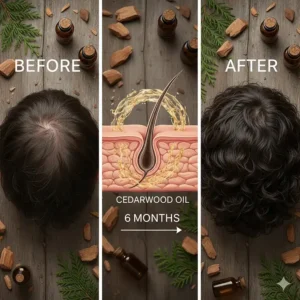 A conceptual comparison showing thinning hair versus thicker hair after consistent cedarwood oil application.