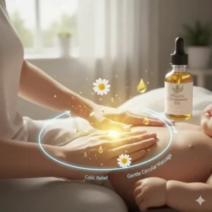 Illustration of a gentle circular tummy massage using chamomile oil to help soothe baby colic.