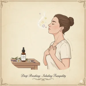 A serene person practicing deep breathing exercises while using the best stress relief essential oil blend.