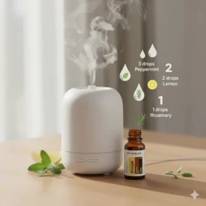 A visual recipe guide showing the specific drop ratios for an essential oil blend for focus and concentration.