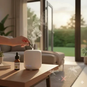 Essential oil diffuser using lemongrass oil to keep mosquitoes out of a living room.