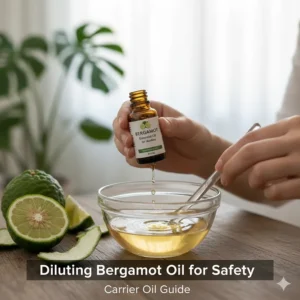 Mixing drops of bergamot essential oil with jojoba carrier oil to prevent skin sensitivity.