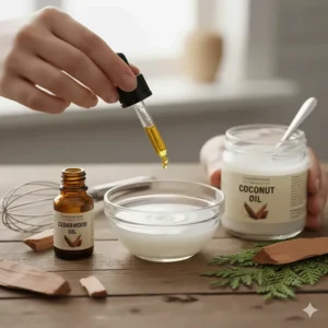 Dropping cedarwood essential oil into coconut oil to ensure safe application for hair growth.