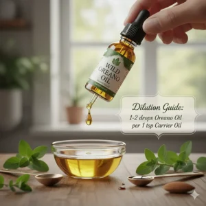 Graphic showing the correct ratio for diluting oregano oil in a carrier oil to ensure safe immune support.