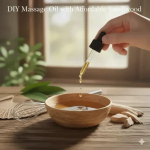 A relaxing setup of a glass bowl and essential oils showing how to make a DIY massage blend with affordable sandalwood oil.