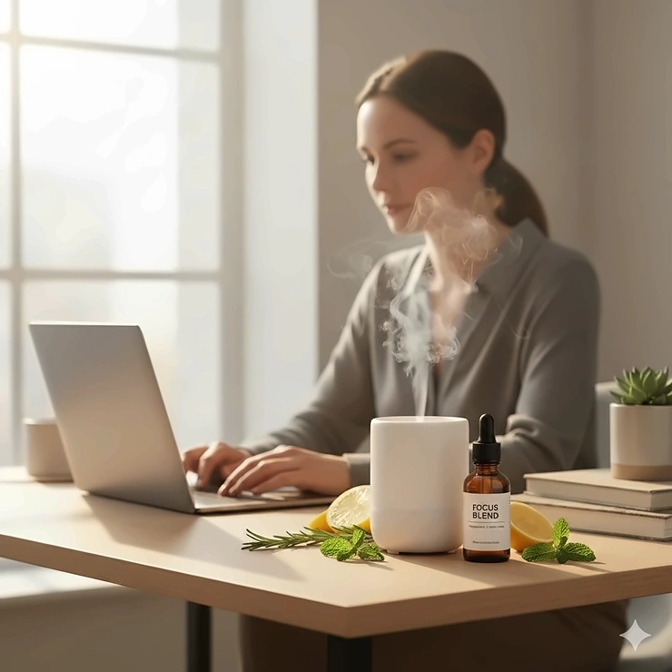 A person working at a wooden desk with a cool-mist diffuser and an essential oil blend for focus and concentration.