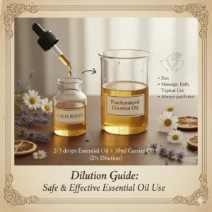 A clear, photorealistic demonstration of diluting a stress relief essential oil blend with a carrier oil like jojoba.