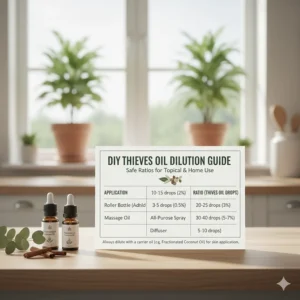 A dilution ratio chart for safely using a thieves essential oil blend dupe on skin or surfaces.