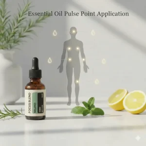 Diagram of body pulse points for applying an essential oil blend for focus and concentration.