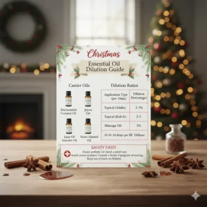 An infographic showing safe dilution ratios for a Christmas essential oil blend recipe.