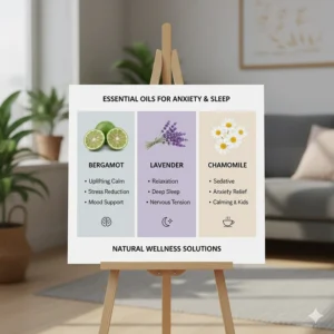 A comparison chart of lavender, chamomile, and bergamot essential oil for anxiety and sleep.
