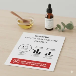 An infographic showing the safe dilution ratio of eucalyptus oil for topical use on adults.