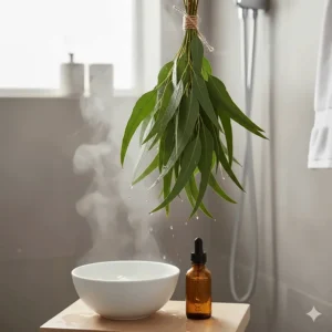 Fresh eucalyptus leaves and oil bottle in a steamy shower used for clearing sinus pressure.