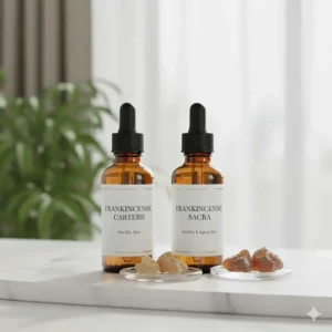 A comparison layout of Frankincense Carterii and Sacra bottles, explaining which is the best frankincense oil for skin types.