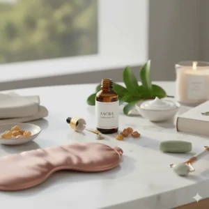 A flat lay of a nighttime skincare kit including a silk eye mask and a bottle of the best frankincense oil for skin repair.