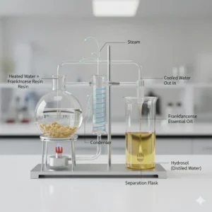 A diagram of the steam distillation process used to extract high-quality, therapeutic grade frankincense oil.