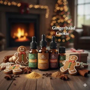 Ginger, clove, and cinnamon essential oil bottles arranged with gingerbread cookies.