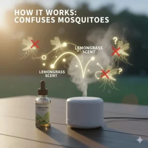 Illustration showing how lemongrass oil scent masks human carbon dioxide to confuse mosquitoes.