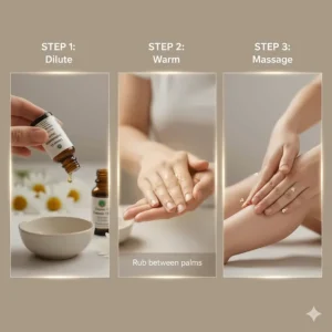 Step-by-step diagram showing how to dilute and apply organic chamomile oil safely for infants.