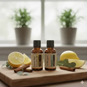 Lemon and eucalyptus radiata essential oils used in a DIY thieves oil blend.