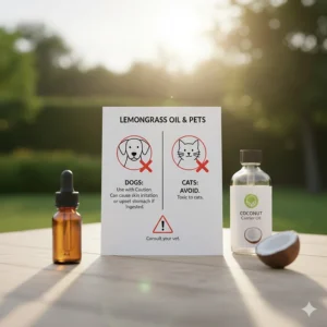 Safety warning graphic regarding the use of lemongrass essential oil around cats and dogs.