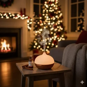 A cozy living room with a lit Christmas tree and an active essential oil diffuser on a side table.
