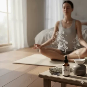 A peaceful illustration of a person meditating with an essential oil bottle, highlighting the calming effects of sleep blends.