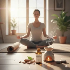 A peaceful meditation space with a yoga mat and the scent of affordable sandalwood oil in the air.