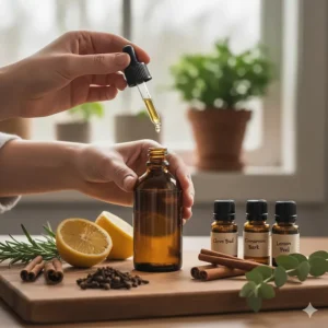 Close-up of essential oil drops being added to a dark glass bottle to create a thieves dupe.