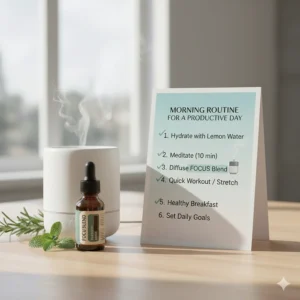 A morning productivity checklist featuring the use of an essential oil blend for focus and concentration.