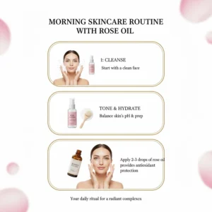 Step-by-step skincare routine illustration featuring rose essential oil as a final serum step.