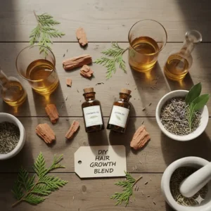 A flat lay of cedarwood oil, jojoba oil, and herbs used in DIY hair growth recipes.