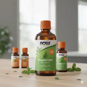 NOW Foods affordable peppermint essential oil in a large amber glass bottle, a top-selling budget brand on Amazon.